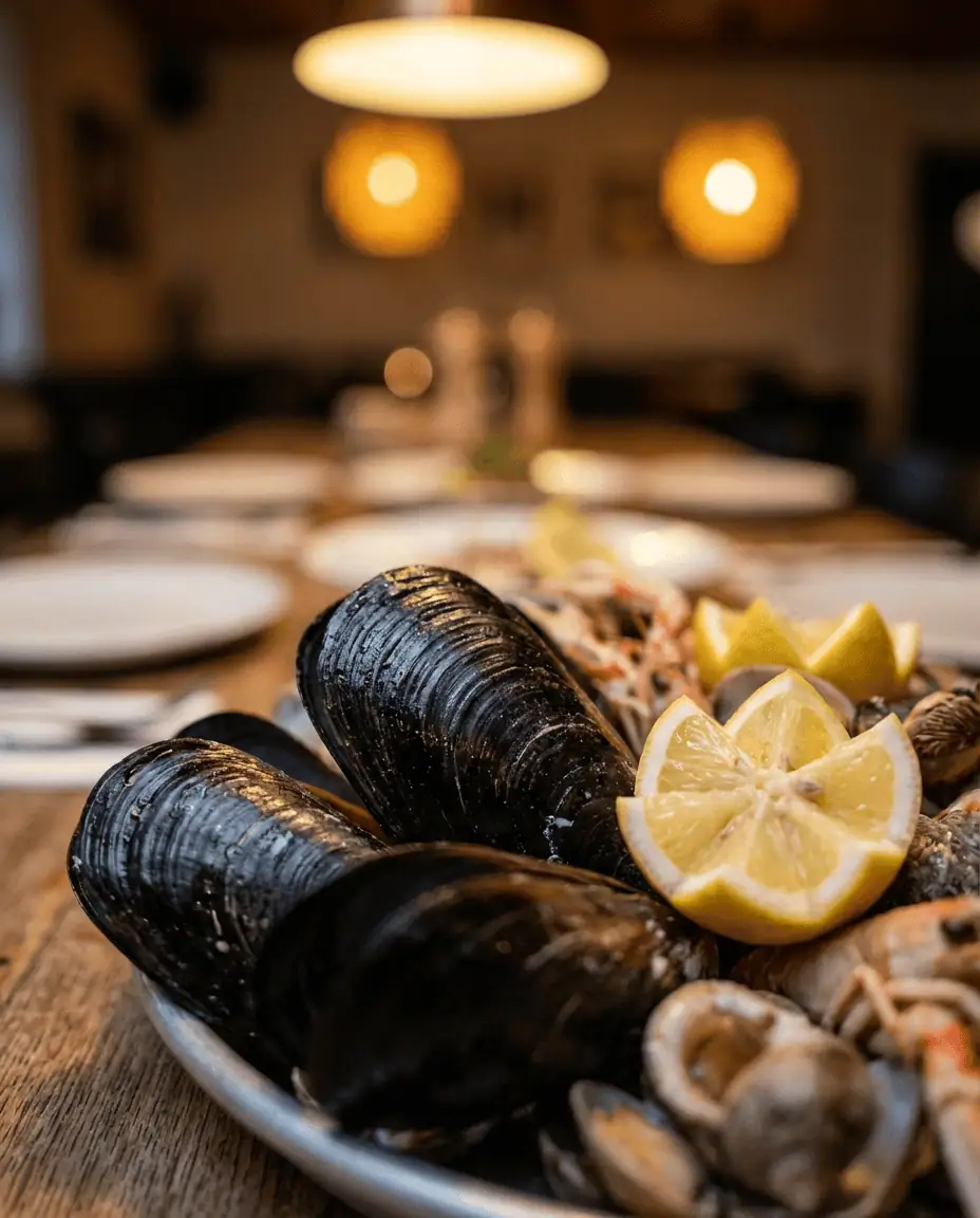 Macro shot of a fresh seafood platter at Barbara Fish House, focusing on the texture of the giant horse mussels and fresh lemon