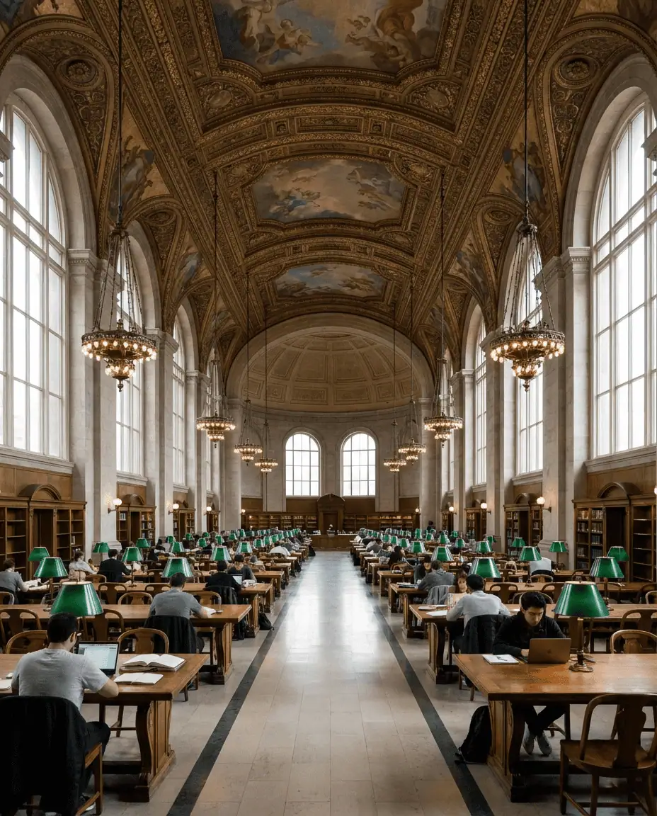 A wide, symmetrical photograph inside the New York Public Library's Rose Main Reading Room, showing the massive arched windows, ornate ceiling murals, and long oak tables filled with quiet readers.