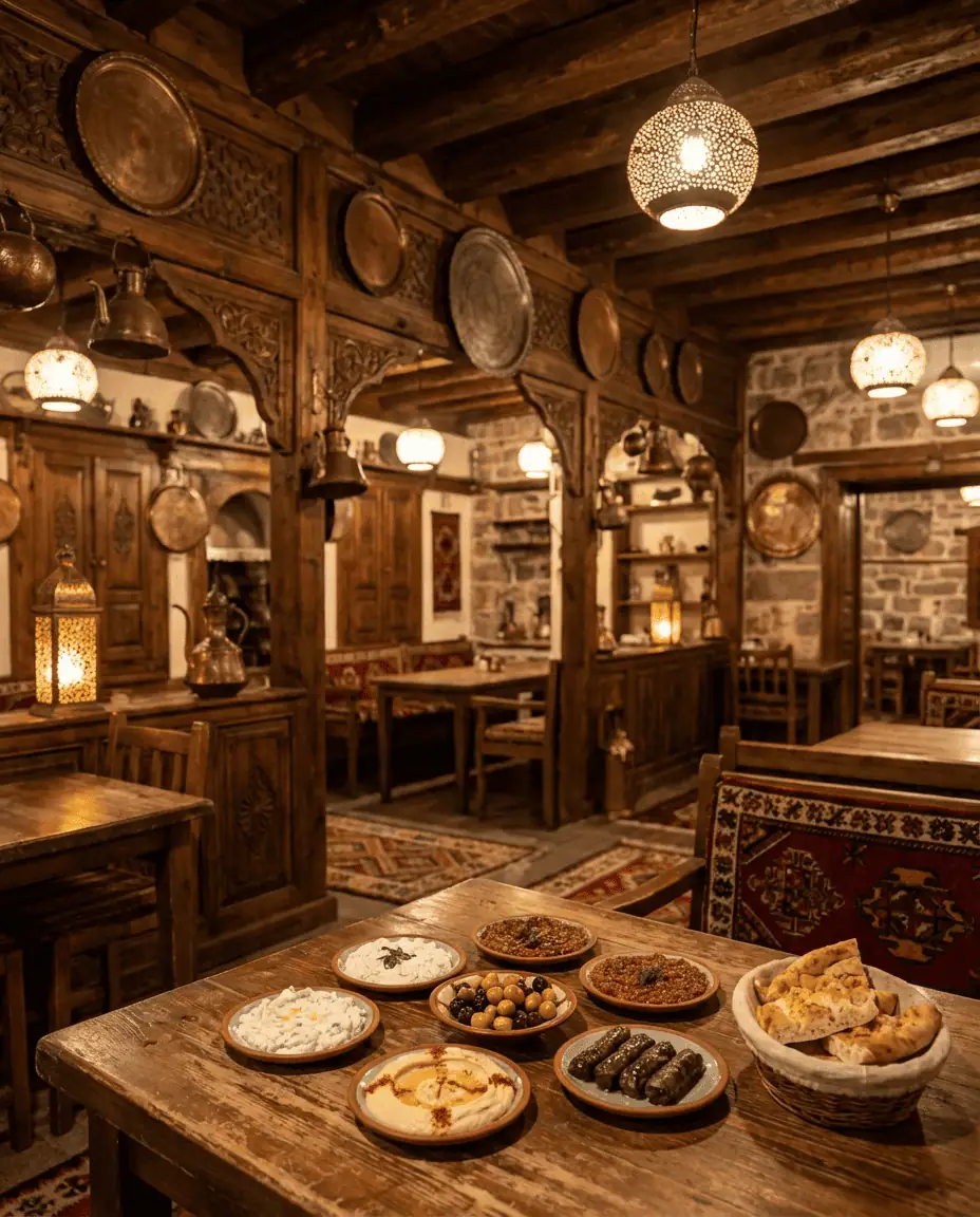 Warm, atmospheric interior shot of a traditional Ottoman mansion restaurant in the Ankara Citadel, featuring rustic wooden beams, antique copperware on the walls, and a table set with Turkish meze plates.