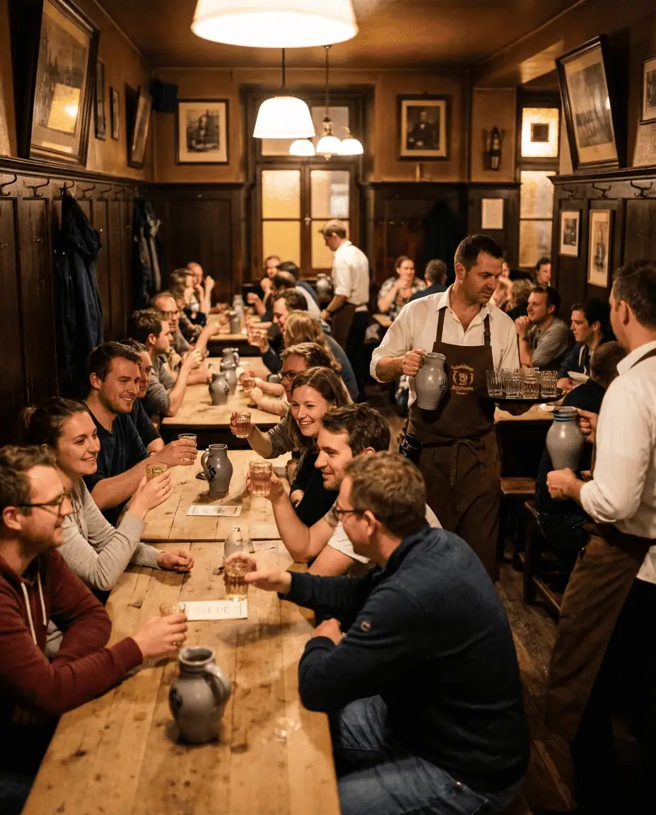 An atmospheric interior shot of a traditional Apple Wine tavern (like Wagner), featuring long wooden communal tables, wood-paneled walls, and waiters carrying grey earthenware pitchers (Bembel).