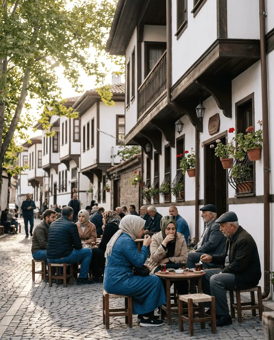 A lively street scene in the restored Hamamonu district, showing people enjoying tea and Turkish coffee at low wooden tables outside traditional white-washed houses.