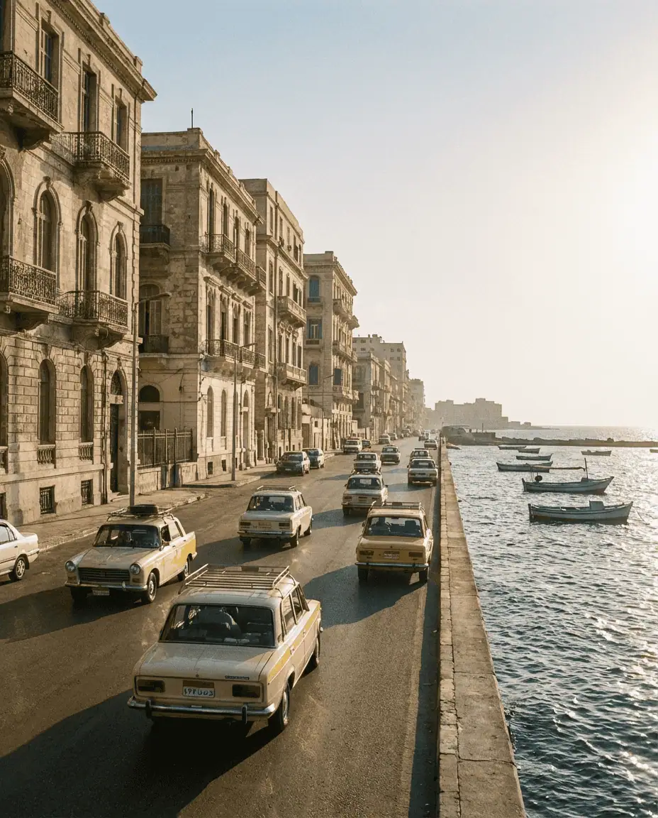 A nostalgic view of the Alexandria Corniche, featuring vintage yellow taxis driving past colonial buildings with the sparkling Mediterranean Sea in the background.